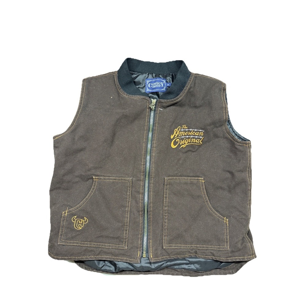 VTG Cowboy Hardware Quilted Brown Canvas Vest Western Bronc Rodeo Kid's Size XL